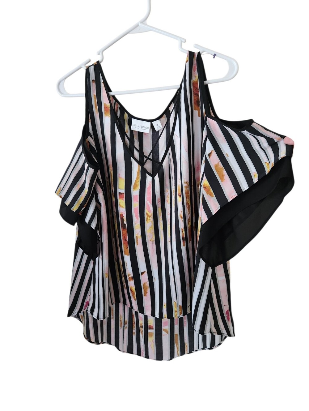Bisou Bisou Floral Striped Cold Shoulder Top